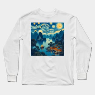 Halong Bay, Vietnam, in the style of Vincent van Gogh's Starry Night Long Sleeve T-Shirt